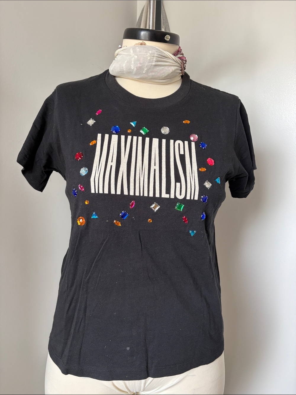Maximalism Women's Black Graphic Tee with Multi-Colored Gem Accents